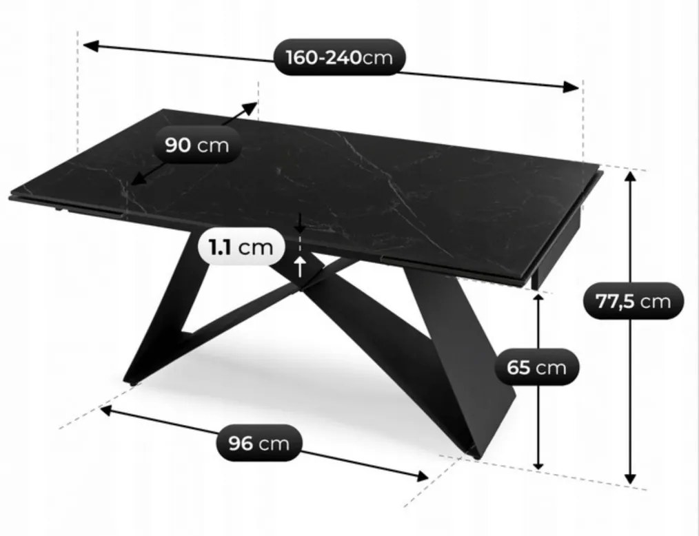 Stół VICTOR Ceramiczny Rozkładany 160-240 cm Czarny márvány/Czarny