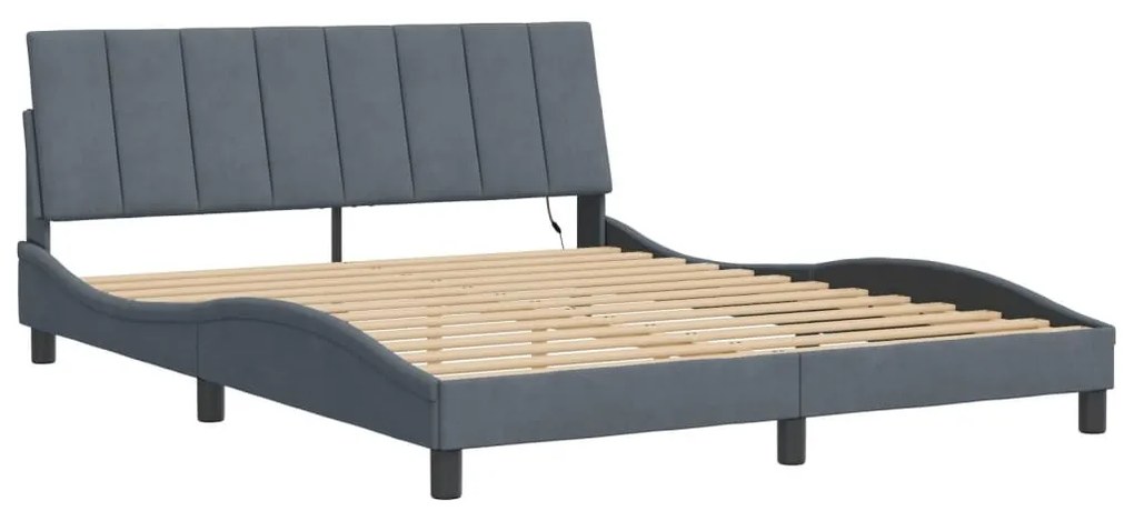 sötétszürke bársony ágykeret LED-ekkel matrac nélkül Hanko 160 x 200 cm