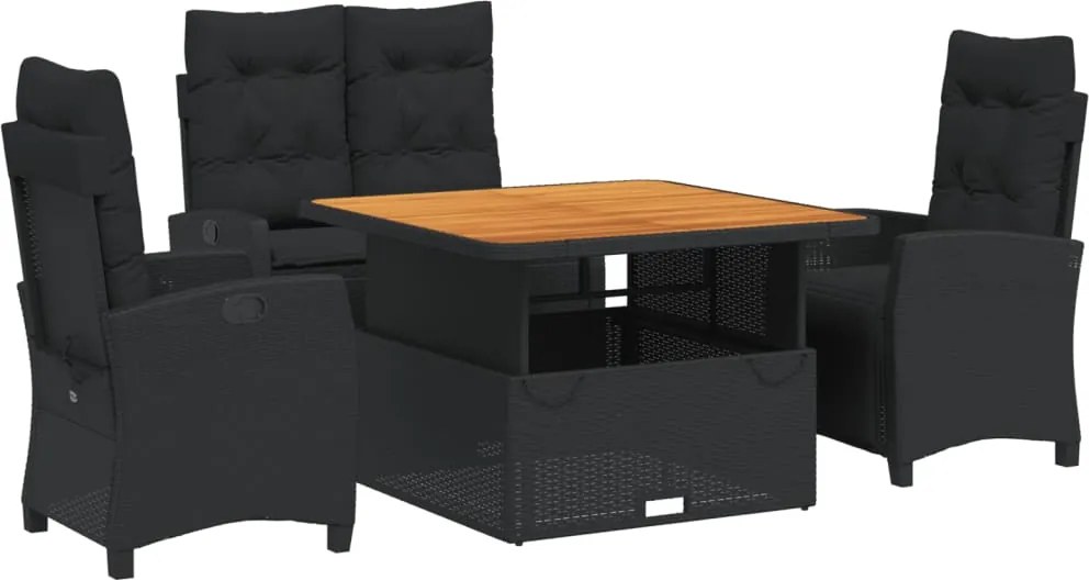 vidaXL 4 részes fekete polyrattan kerti étkezőszett párnákkal