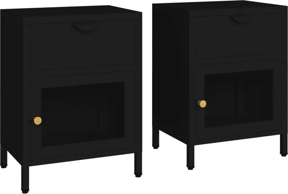 vidaXL 2 db fekete acél és üveg éjjeliszekrény 40 x 30 x 54,5 cm