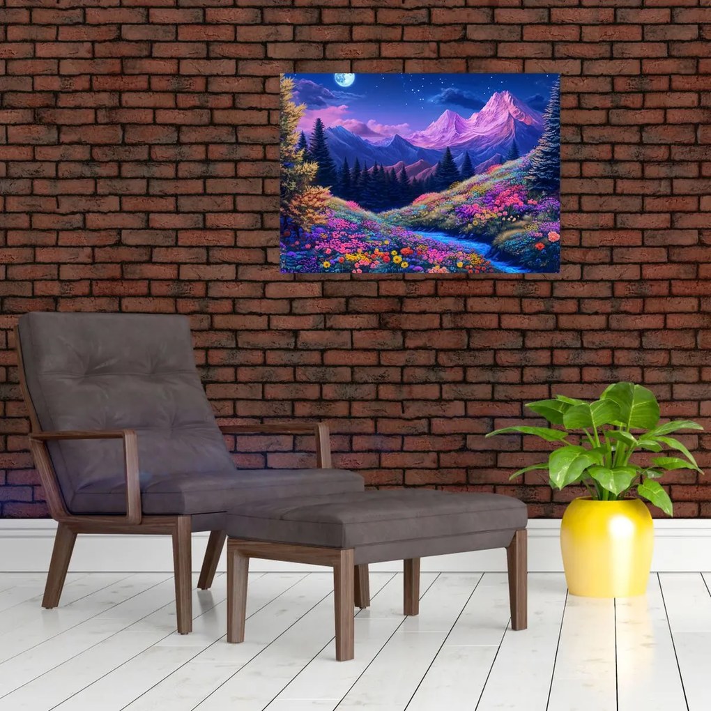 Üveg kép - Lila táj teljes holdfénynél (70x50 cm)