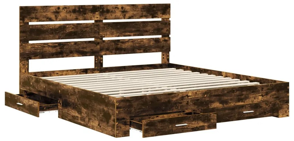 vidaXL Ágykeret fiókkal fejtámlával Füstölt tölgy 200 x 200 cm Faanyag