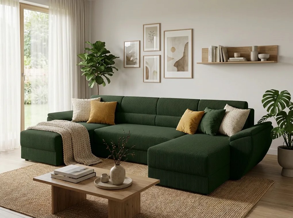 Ágyazható U alakú kanapé TAVERO 321x140 cm, sötétzöld színű