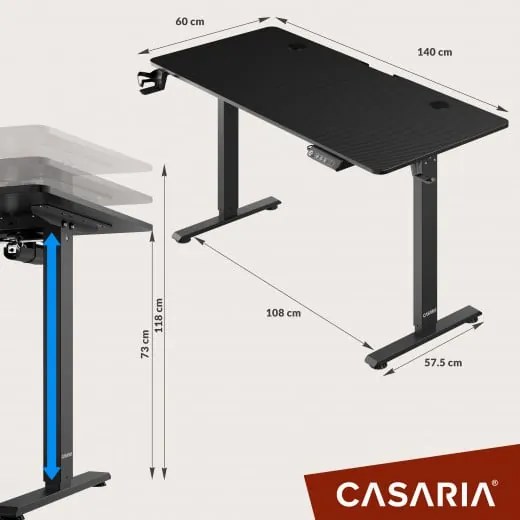 Casaria® Állítható magasságú irodai íróasztal fekete - 140x60x118 cm