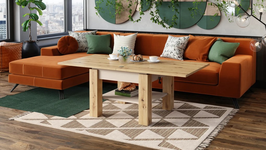 Mazzoni CLEO Artisan Tölgy/Bézs (Pezsgő) - NYITHATÓ/MAGASÍTHATÓ DOHÁNYZÓASZTAL ÉTKEZŐASZTAL ÉS DOHÁNYZÓASZTAL EGYBEN