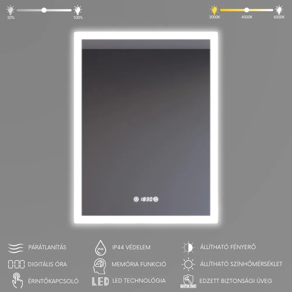 Álló fürdőszobai LED tükör 70x90cm | Páramentesítő - Óra - Fényerő és színhőmérséklet szabályozás | Welland Luxury-Line