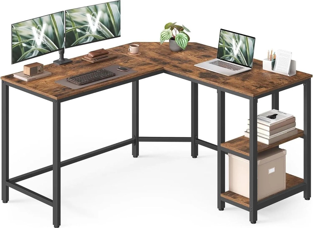 Számítógépasztal, L-alakú sarokasztal, 120 x 130 x 76 cm, rusztikus barna és fekete