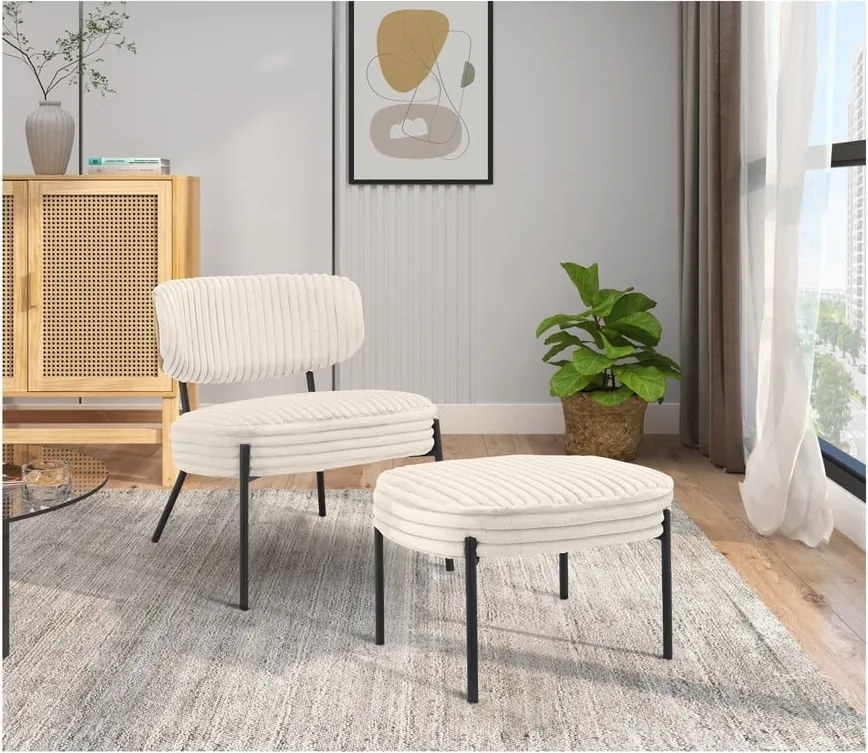 Krémszínű kordbársony fotel lábtartóval Jerry – Støraa