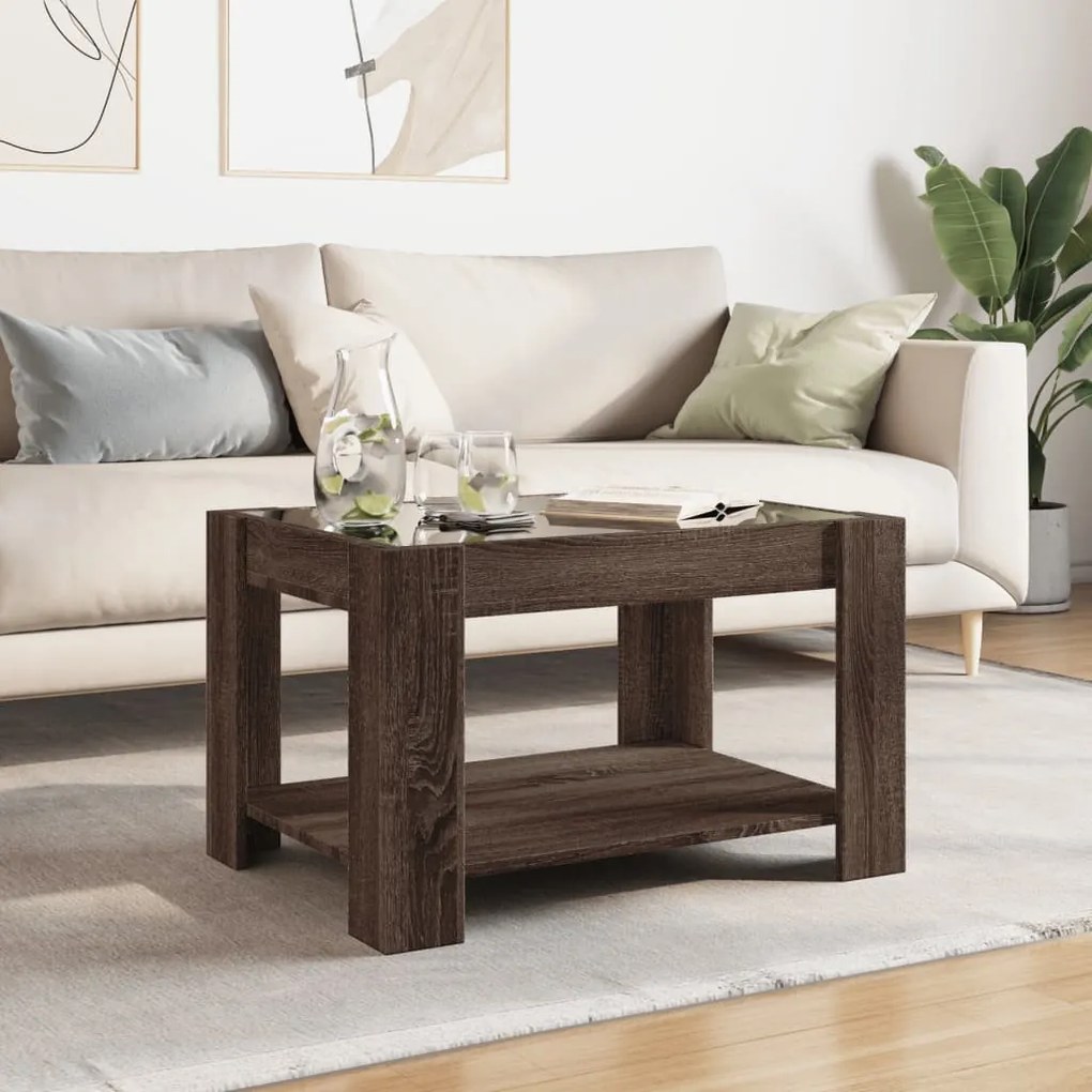 Barna tölgy szerelt fa dohányzóasztal LED-del 73 x 53 x 45 cm