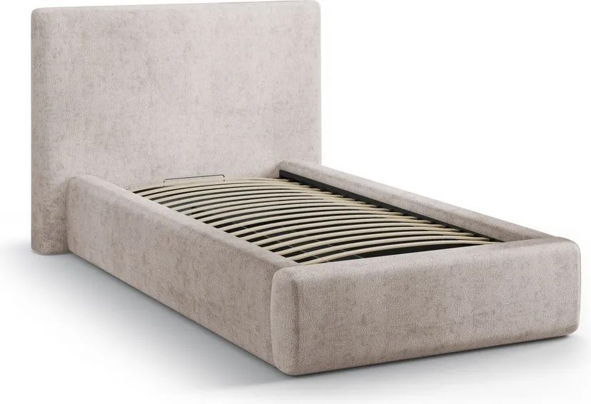 Bézs kárpitozott ágyneműtartós egyszemélyes ágy ágyráccsal 90x200 cm Amy – Micadoni