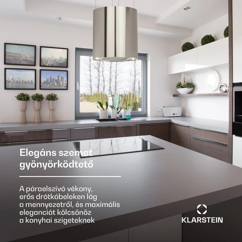 Klarstein Barett, sziget páraelszívó, Ø 35 cm, légkeringetés, 560 m³/ó, LED, aktívszén szűrő, nemesacél