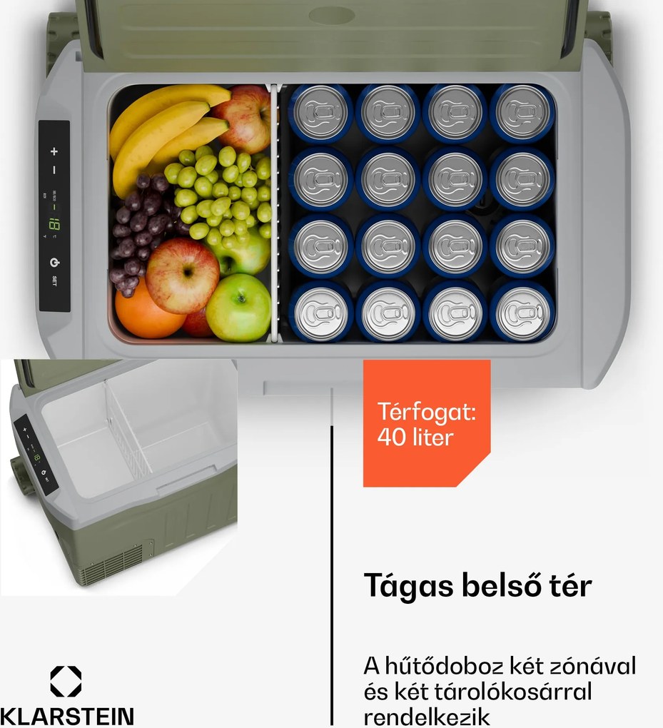 Klarstein PolarForce 40L kompresszoros hűtődoboz, LCD panel, világítás, off-road, akkumulátorvédelem, 12V/230V