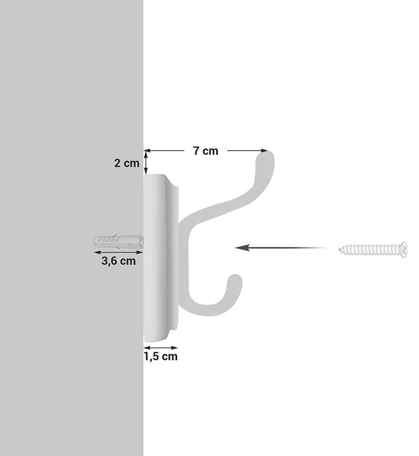 Fali fogas 4 fém kampóval, 40 x 7 x 9 cm, fehér
