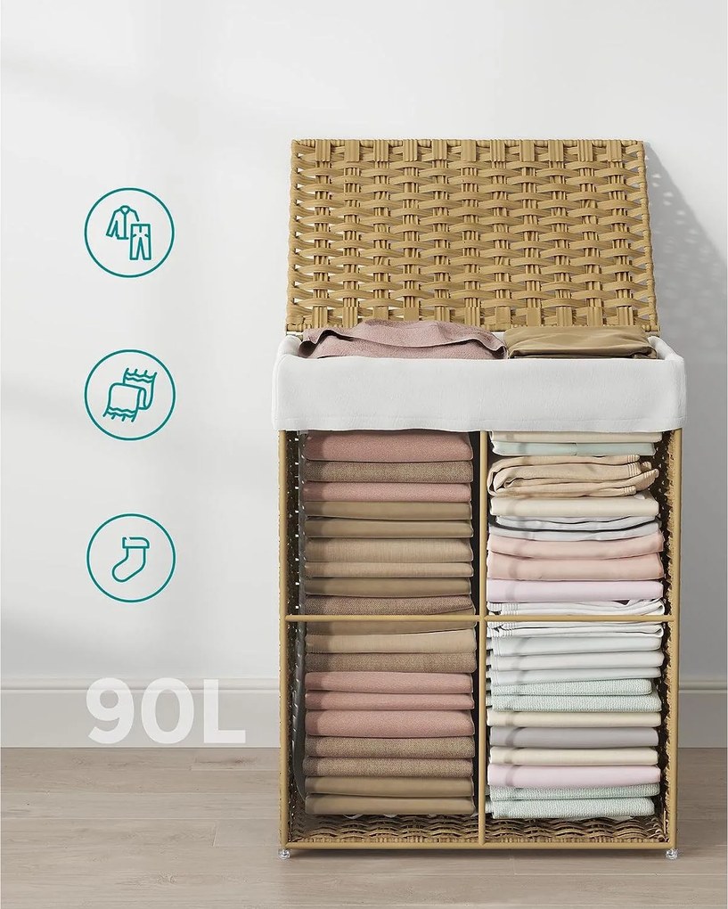 Szennyeskosár, 90 literes, szintetikus nádszövet, mosodai kosár fedéllel és fogantyúval