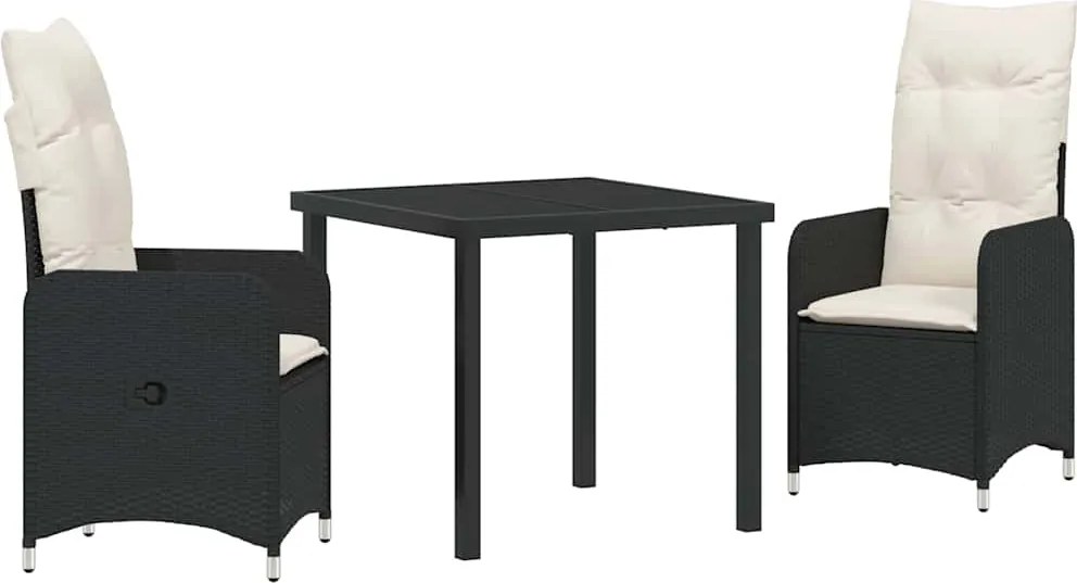vidaXL Kert étkező szett párnával 3 pcs Fekete polirattan