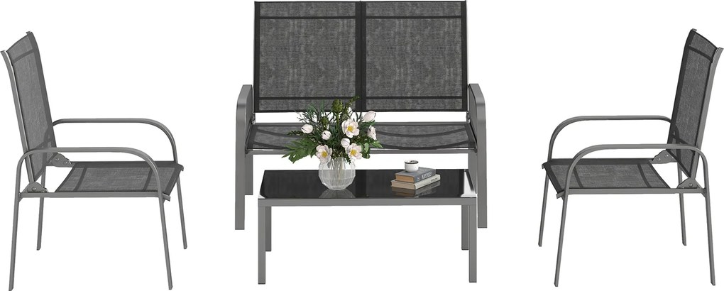 Outsunny 4 részes Kertibútor Szett 2 fős Kültéri Loveseat-el, Állítható Támlával, 2 Székkel és Üvegasztallal, Acél és Textilén Vízálló Bútor Szett, Fe