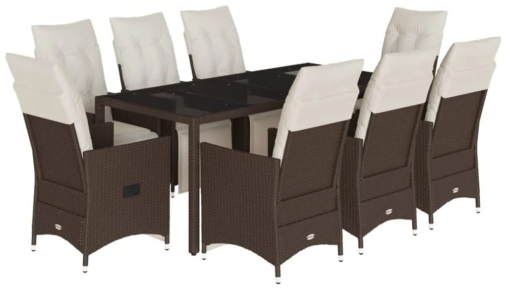 9 részes barna polyrattan kerti bisztrógarnitúra párnákkal