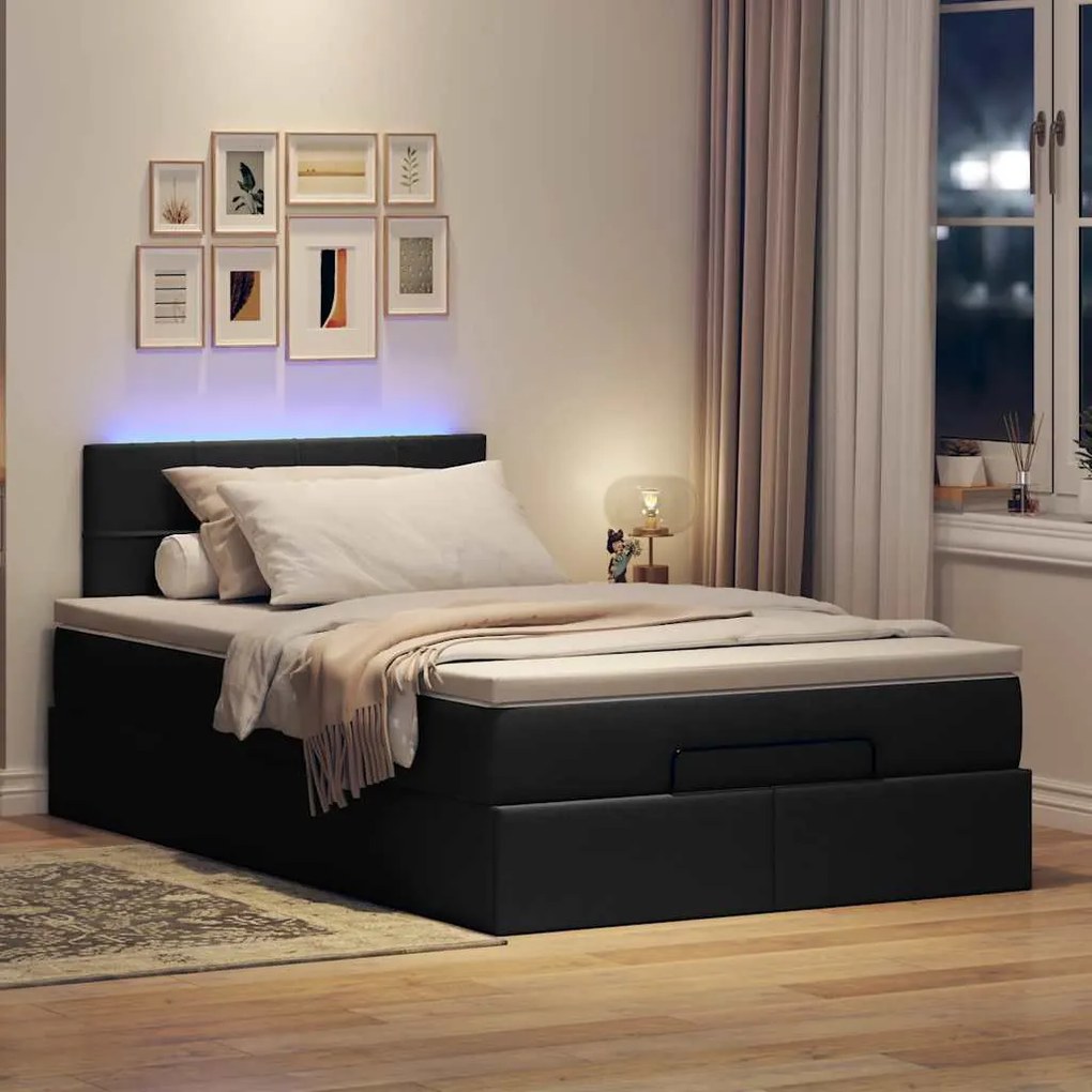 fekete szövet ottomán ágy matraccal &amp; LED-ek 120x190 cm