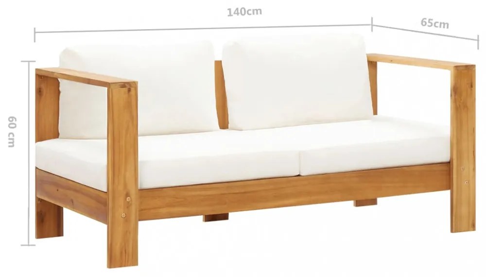 krémfehér tömör akácfa kerti kanapé párnával 140 cm