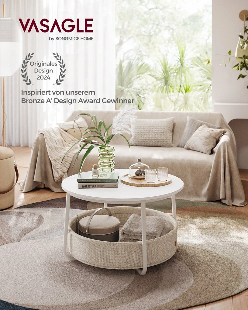 VASAGLE kerek dohányzóasztal tárolóval, matt fehér és kamelbarna színben