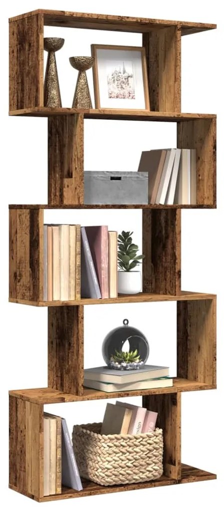 5 szintes antik fa színű fa elválasztó könyvespolc 70x24x161 cm