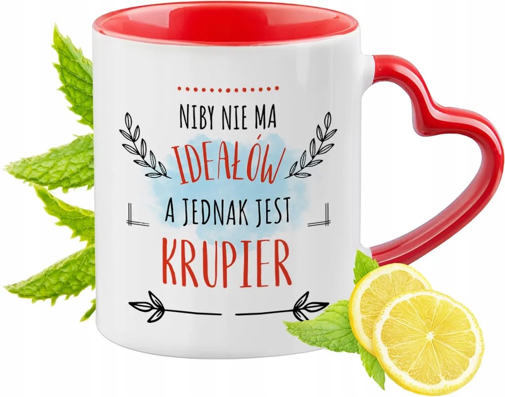 Piros Krupper bögre szív alakú füllel ajándékba