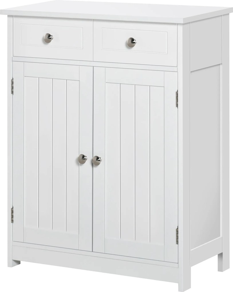 Kleankin Fürdőszoba Tároló Szekrény 2 Fiókkal és 2 Ajtóval, Állítható Polccal, Modern Stílusú, 60x30x75 cm, Fehér | Aosom