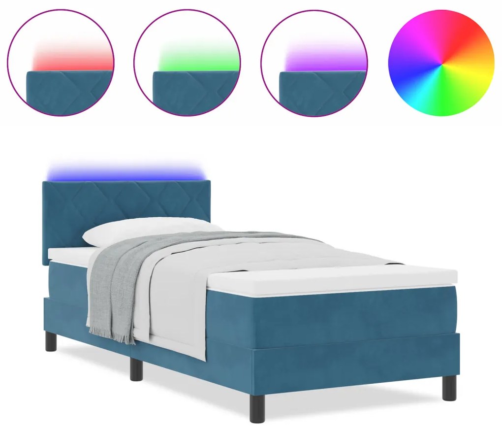 Boxspring ágy matraccal & LED Sötétkék 90x190 cm Bársony