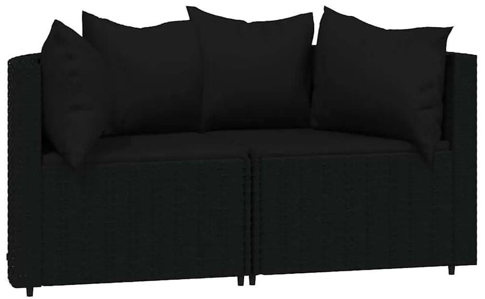 2 db fekete polyrattan kerti sarokkanapé párnákkal