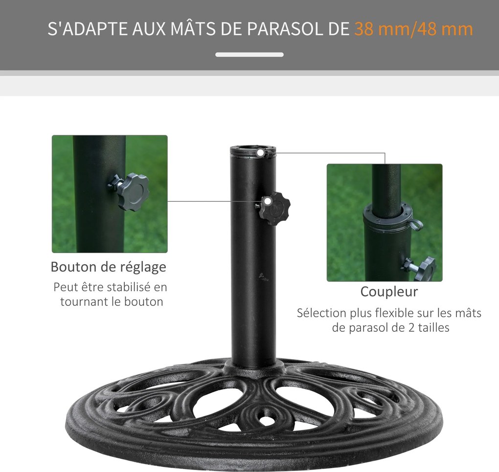 Outsunny Kerek 11,5 kg Paraván Alap, Kültéri Öntöttvas Napernyő Tartó Ø 38 és 48 mm-es Oszlophoz, Kert Terry Pavilon Alap, Ø 45 x 33,5 cm, Fekete | Ao