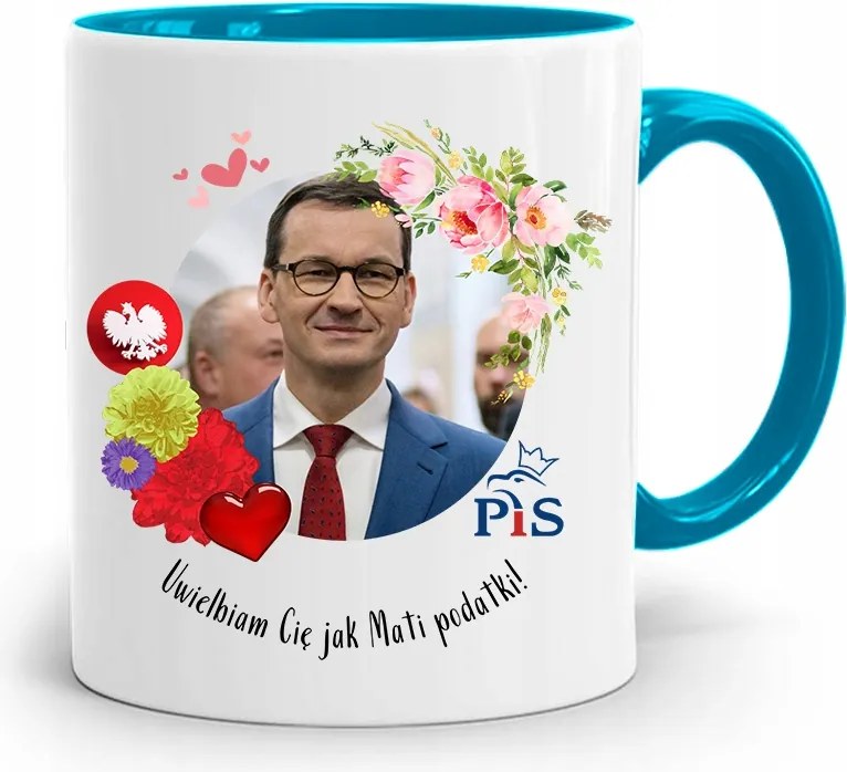 Kék Politikus Bögre Mateusz Morawiecki Miniszterelnök fényképes nyomtatással