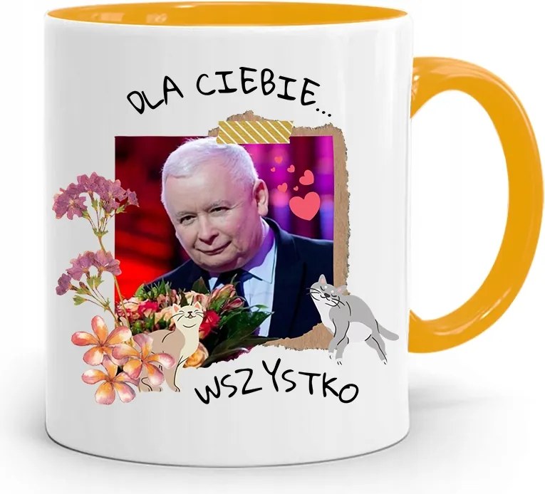 Sárga Vicces Bögre Jaroslaw Kaczynski felirattal, fényképpel