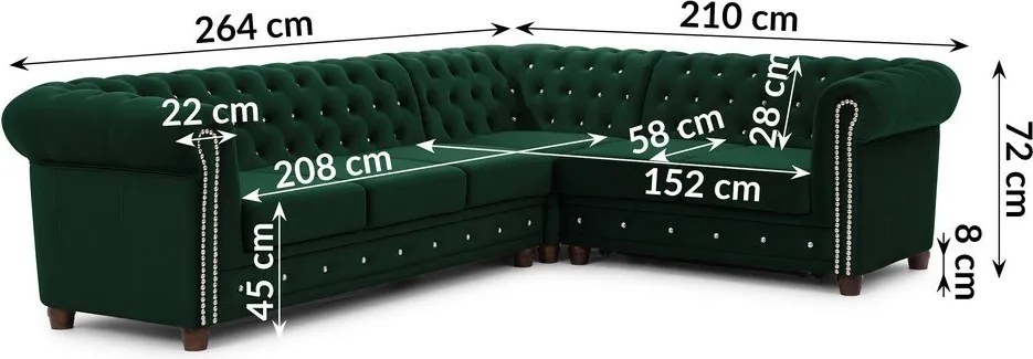 Zöld bársony kinyitható sarokkanapé (jobb oldali-L alakú) York Blik – Ropez