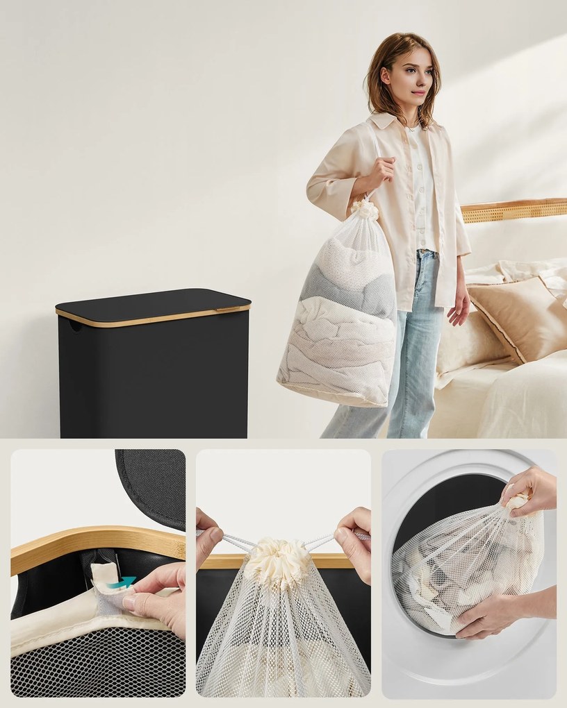 szennyeskosár fedéllel 130l, 2 rekeszes nagyméretű szennyes tartó, fekete