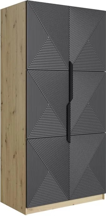 Asha ruhásszekrény, bordázott előlappal és fém fogantyúkkal - 100 cm - artisan tölgy / matt riviér kő / fekete fogantyúk