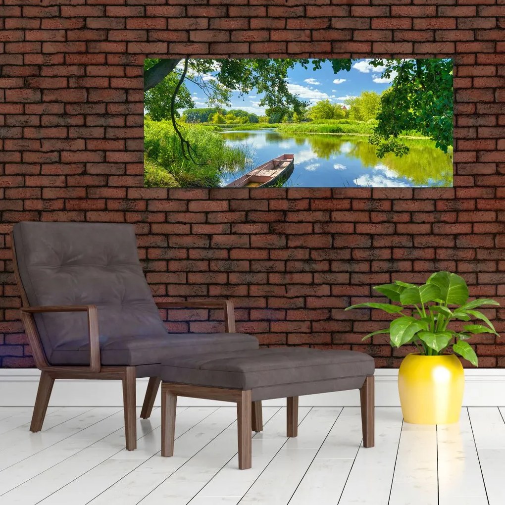 Egy nyári folyó képe hajóval (120x50 cm)