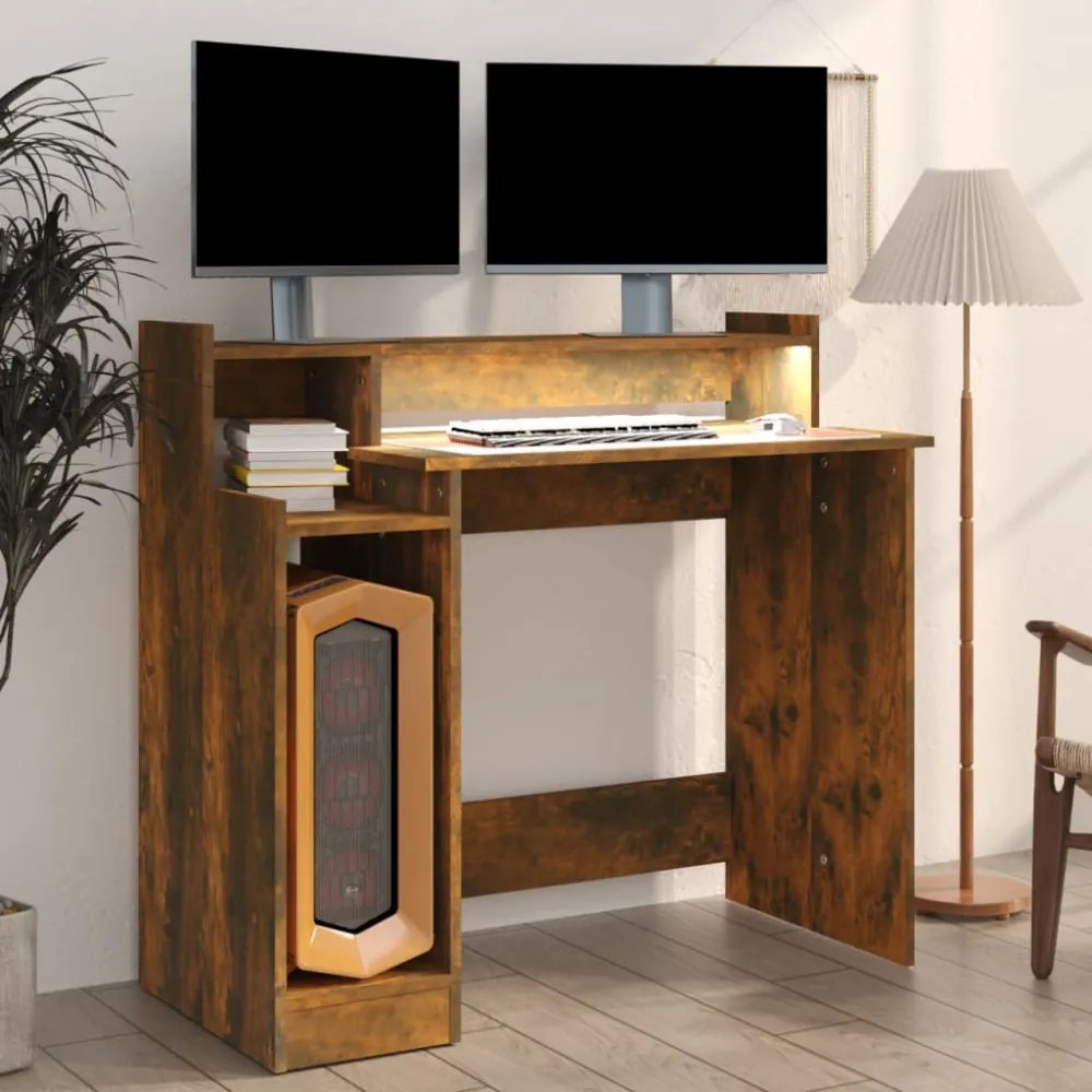 füstös tölgy színű szerelt fa íróasztal LED-ekkel 97x45x90 cm