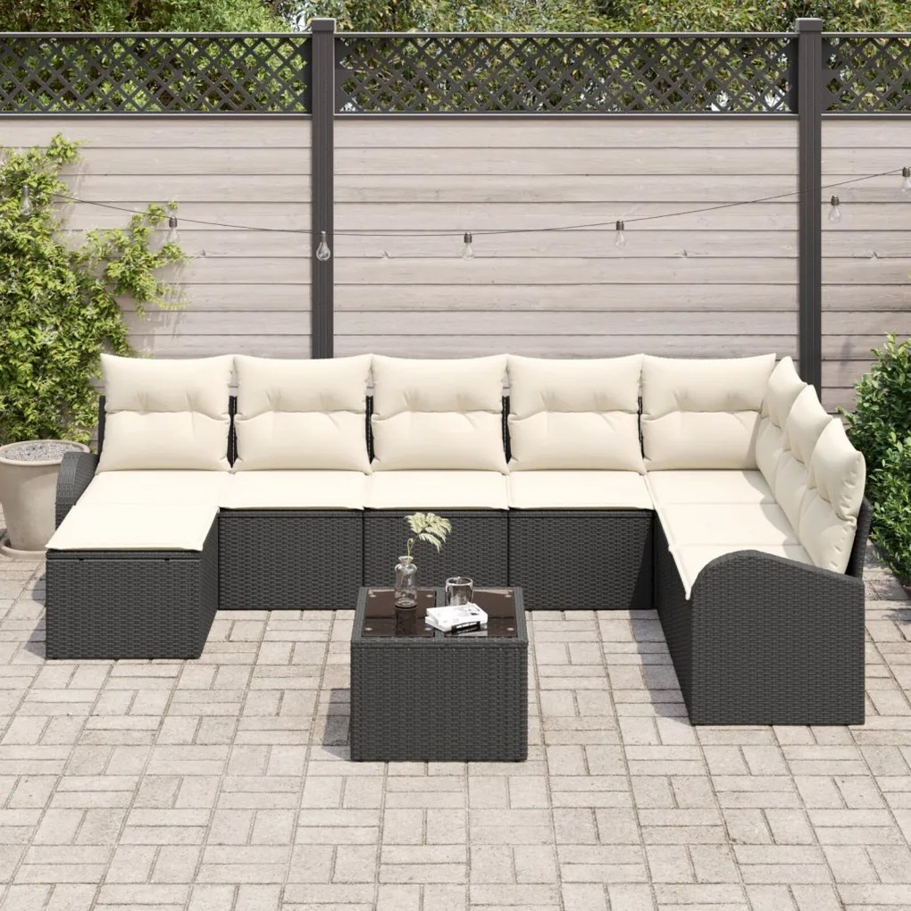 8 Darabos Kert Sofa Szett Párnákkal Barna Poli Rattan, 2-Személyes Kert Sofa Tárolóval és Párnákkal Fekete Poli Rattan
