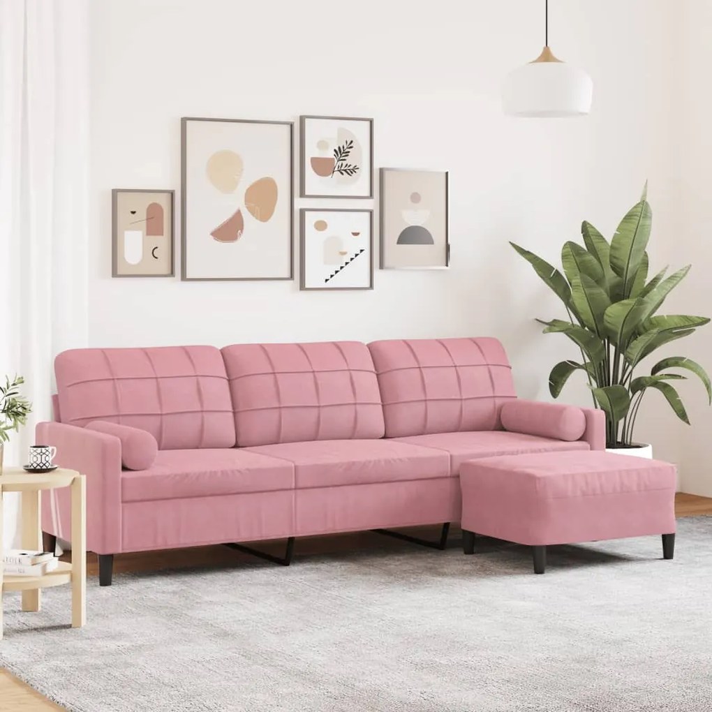 3 személyes rózsaszín bársonykanapé lábtartóval 210 cm