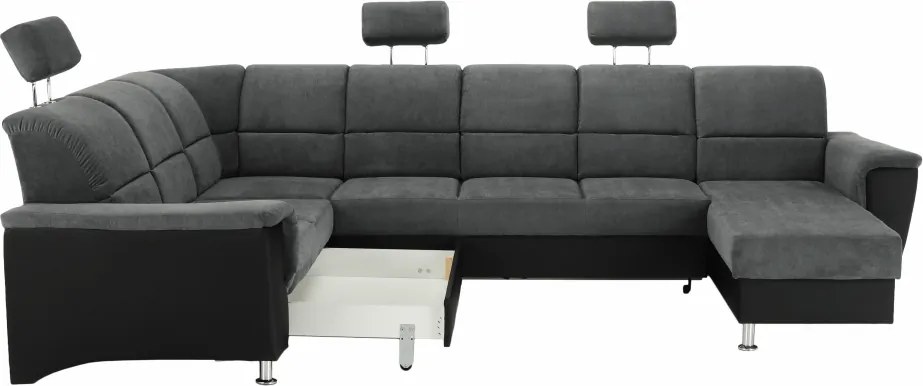 Ülőgarnitúra, műbőr fekete/szövet sötétszürke, balos, SANTIAGO U