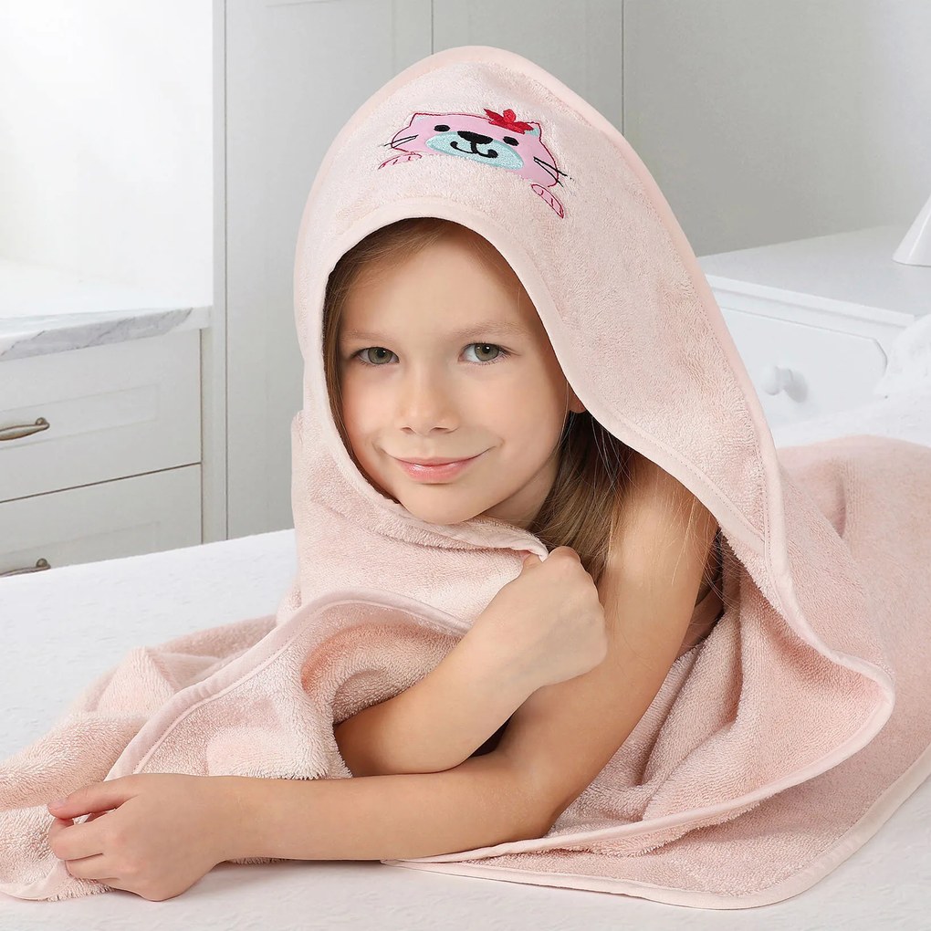 Goldea gyermek frottír fördőlepedő csuklyás - cicuka világos rózsaszínen 100 x 100 cm