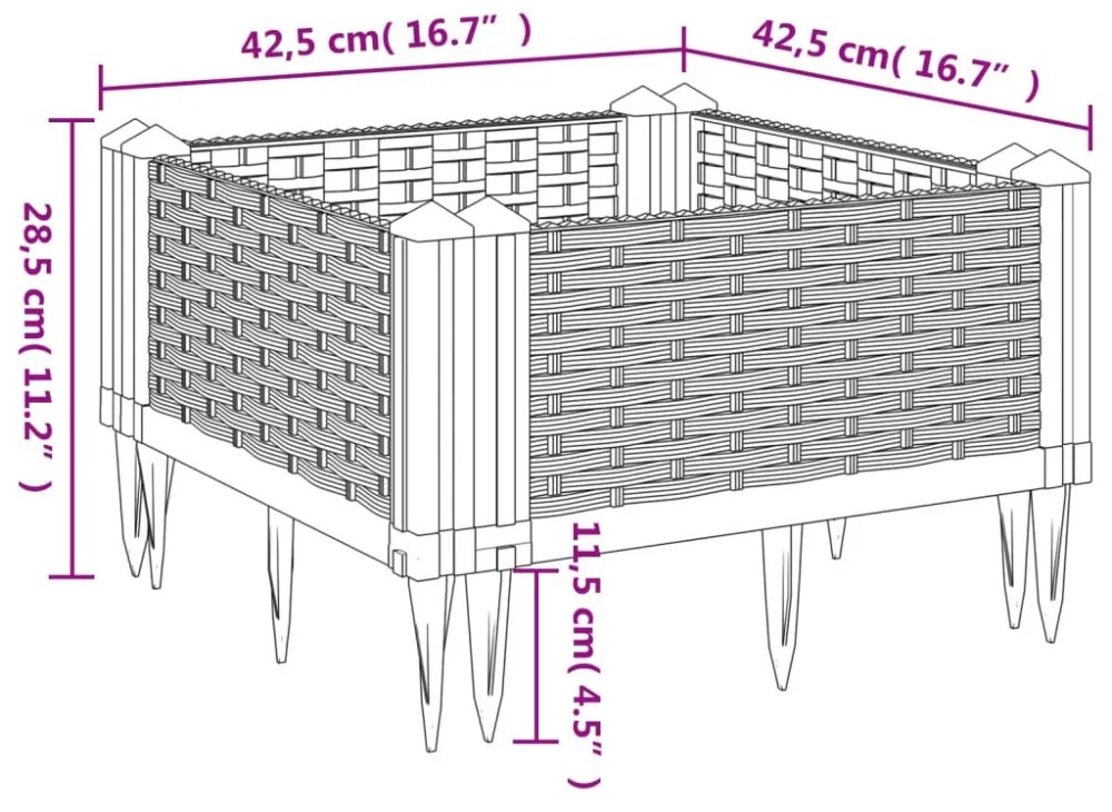 szürke polipropilén kerti virágláda cövekekkel 42,5x42,5x28,5cm