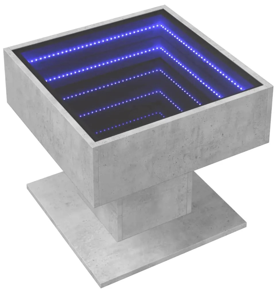 betonszürke szerelt fa dohányzóasztal LED-del 50 x 50 x 45 cm