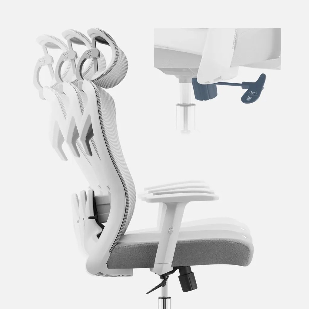 Ergonomikus irodai forgószék, deréktámasszal, 2D háttámla hálós anyaggal, szürke