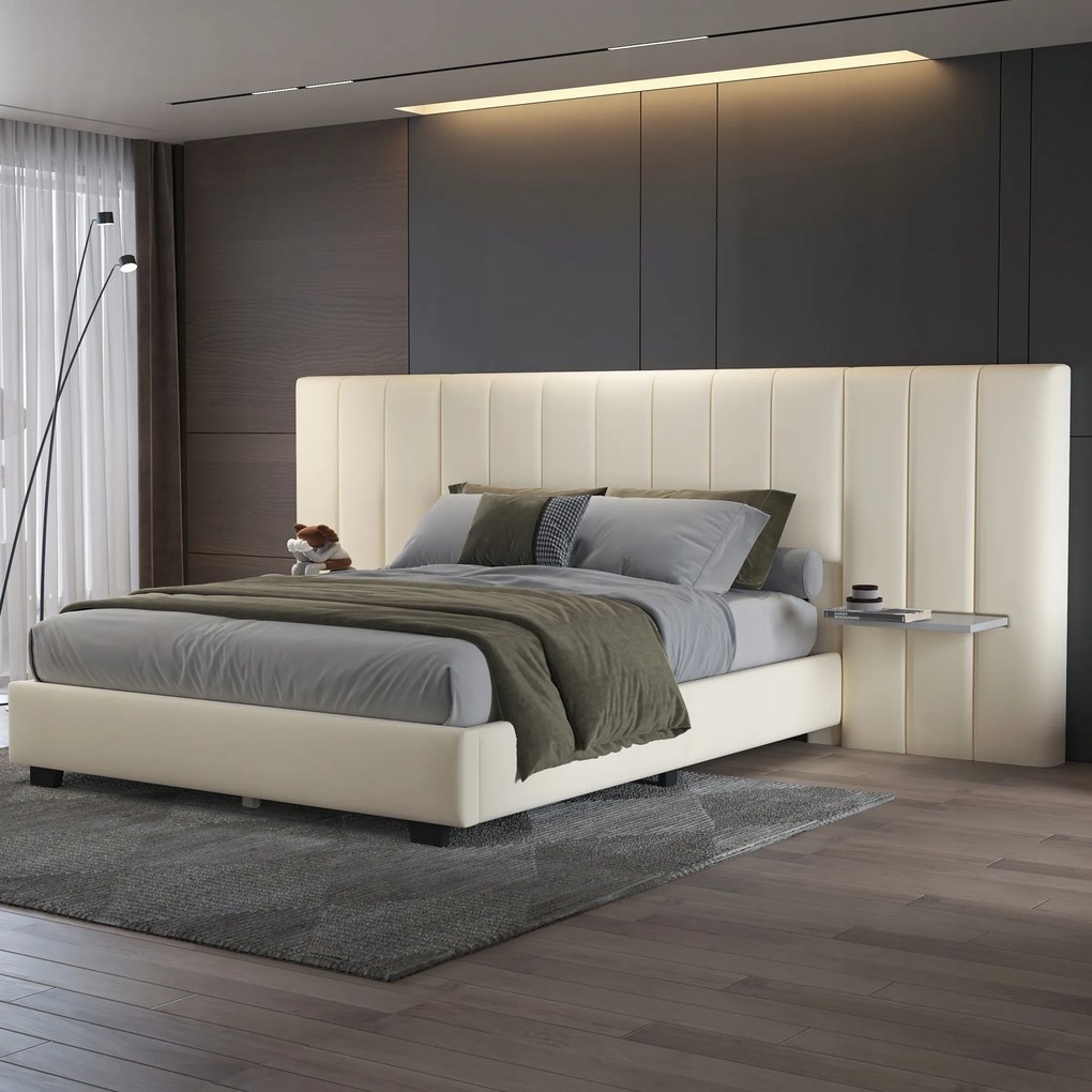 Kárpitozott ágy 160 x 200 cm, dupla meghosszabbított fejtámla bézs