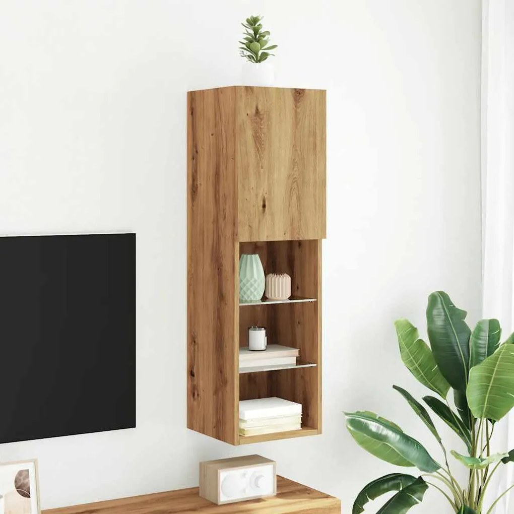 kézműves tölgy színű TV-szekrény LED-lámpákkal 30,5x30x102 cm