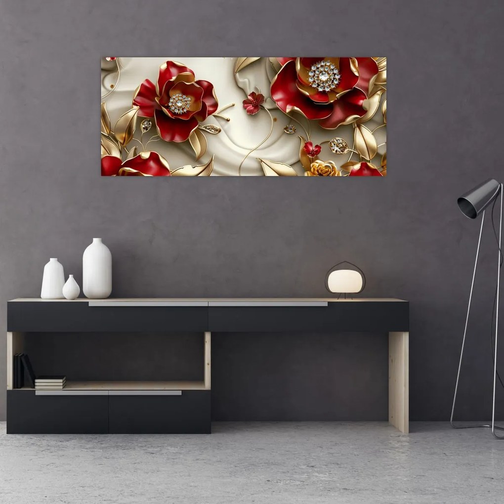 Kép - 3D piros-arany virágok (120x50 cm)