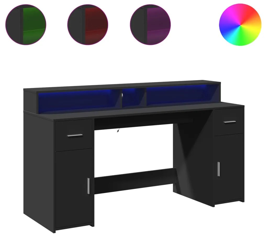 fekete szerelt fa íróasztal LED-világítással 160 x 55 x 91 cm