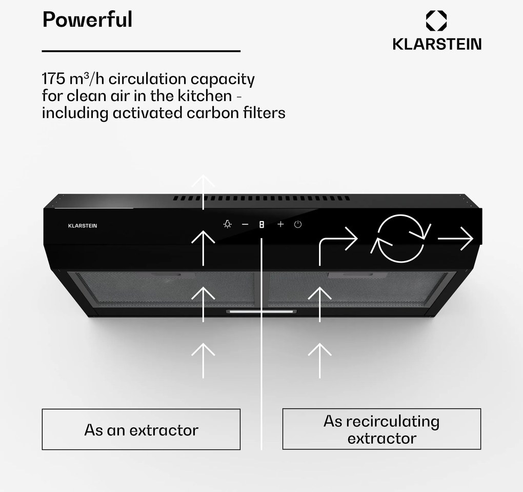 Klarstein Contempo Neo, páraelszívó, szekrény alatti, keringtetés, 175 m³/ó, SenseControl, integrált érintésvezérlés, rozsdamentes acél / akrilüveg