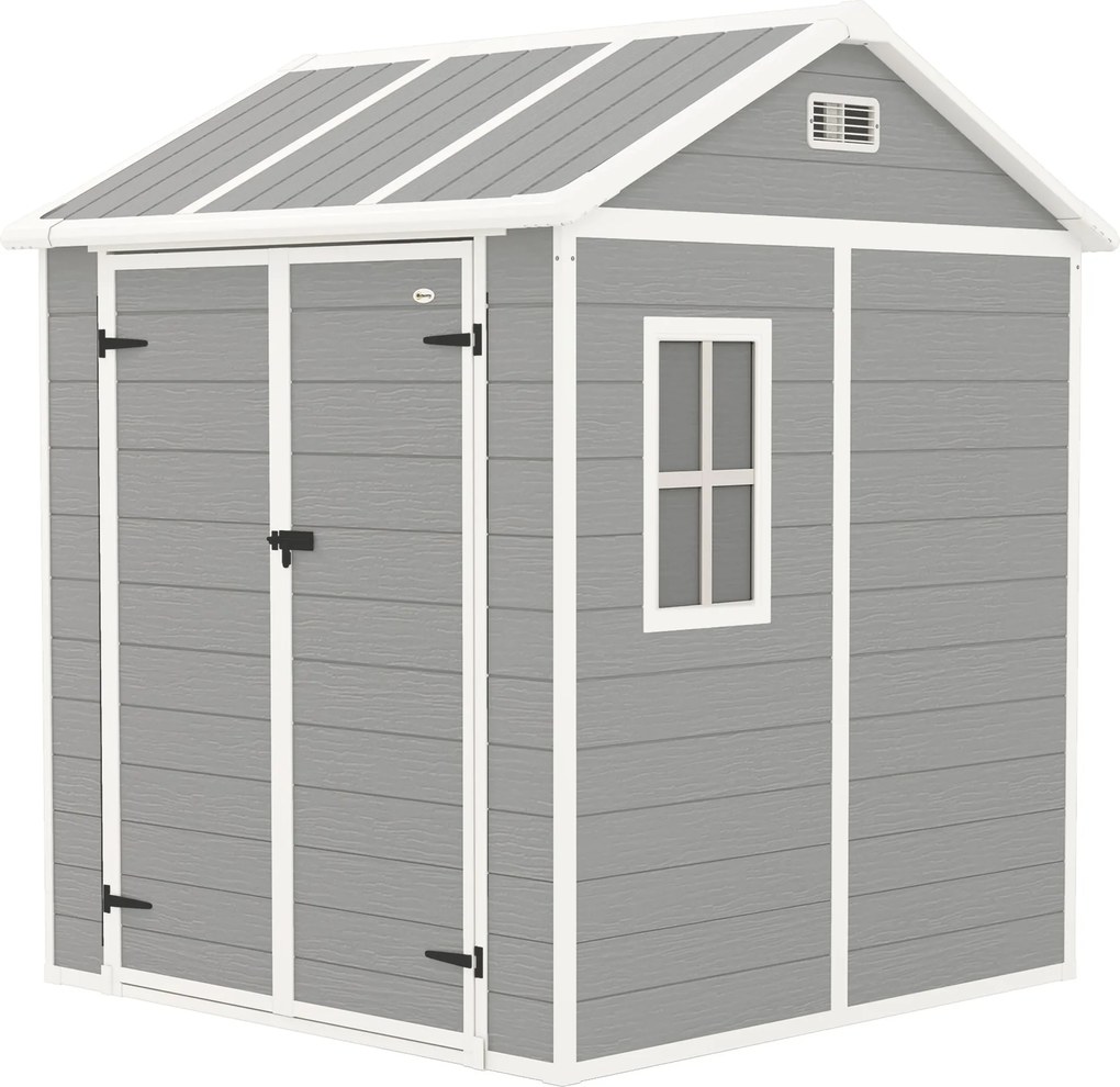 Outsunny Kerti Szerszámtároló, Időjárásálló Fa Hatású Felülettel, 2.91m² Kerti Sátor, Dupla Ajtókkal és Zárral, Dőlt Tetővel, 181x181x220cm, Szürke |